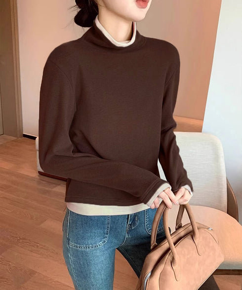ハイネックトップス レイヤード風 長袖T レディース 重ね着風Tシャツ タートルネックブルオーバー 大人カジュアルカットソー 秋冬 暖かい配色インナートップス防寒 84WANJIA-027